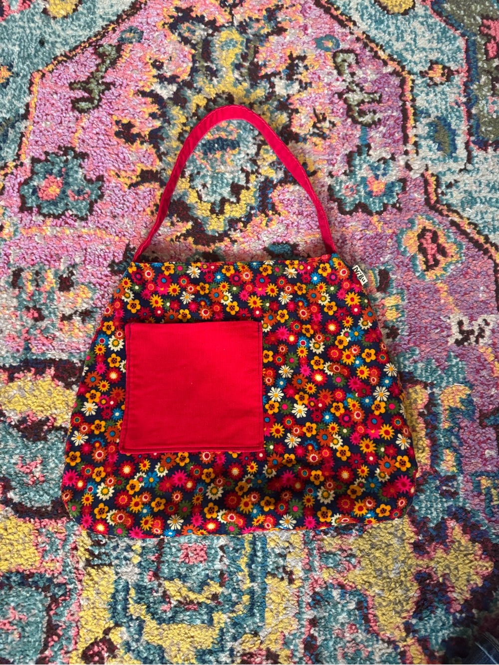 Red Floral Canvas Tote with Front Pocket